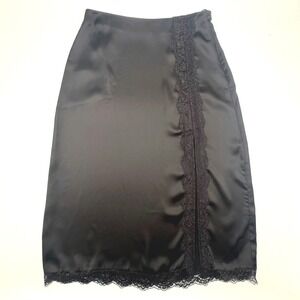 House of Harlow 1960 Black Satin Lace Trim Midi Slip Skirt Side Slit Womens M